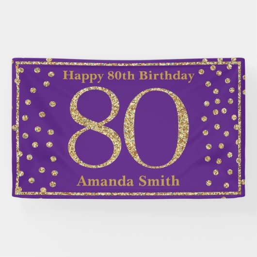 Happy 80th Birthday Banner Purple and Gold Glitter (Horizontaal)