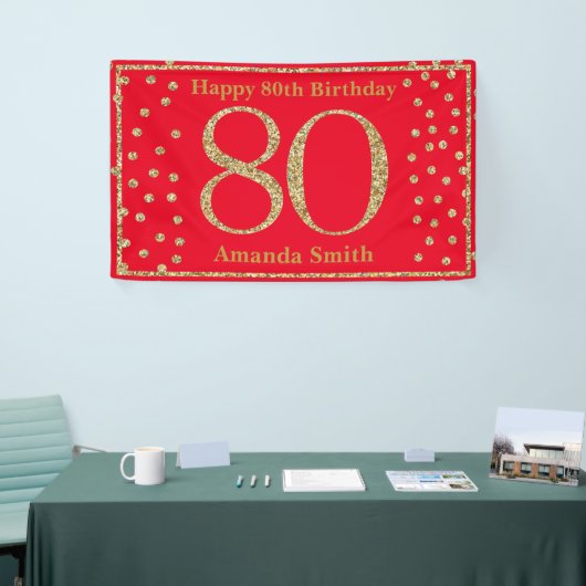 Happy 80th Birthday Banner Red en Gold Glitter (Beurs)
