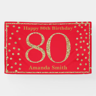 Happy 80th Birthday Banner Red en Gold Glitter