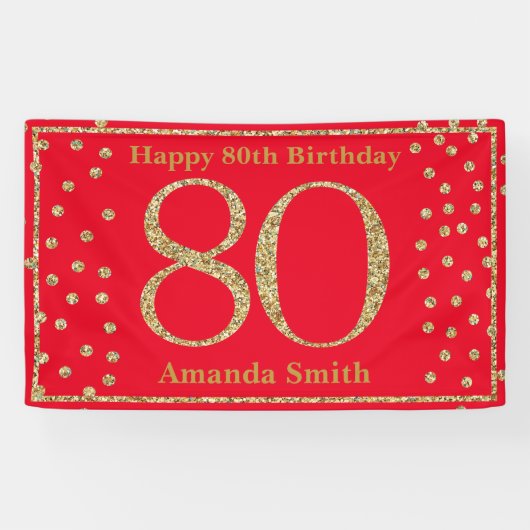 Happy 80th Birthday Banner Red en Gold Glitter (Horizontaal)