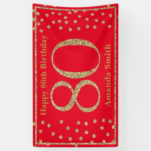 Happy 80th Birthday Banner Red en Gold Glitter (Verticaal)