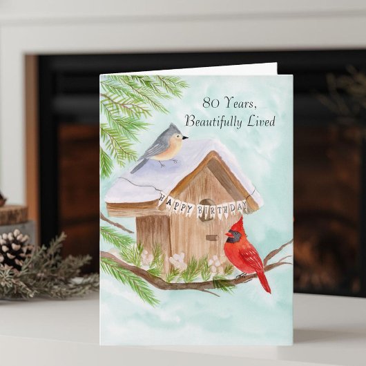  Happy 80th Birthday Birds at Birdhouse Kaart