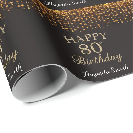 Happy 80th Birthday Black en Gold Glitter Cadeaupapier (Rol Hoek)