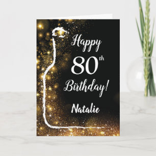 Happy 80th Birthday Black en Gold Glitter Wine Kaart