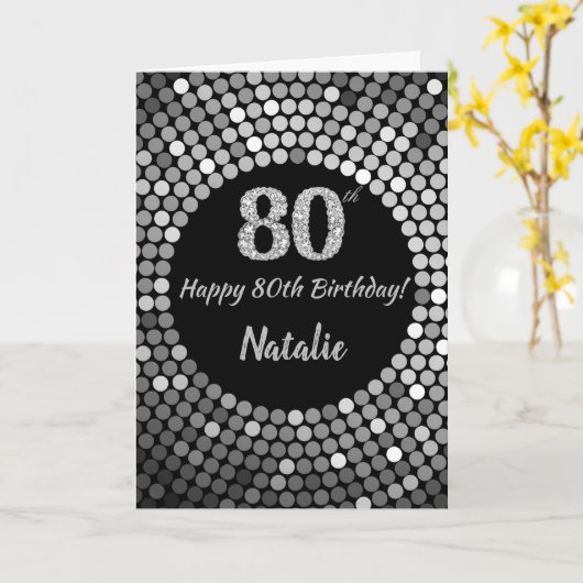 Happy 80th Birthday Black en Silver Glitter Card Kaart (Gele Bloem)