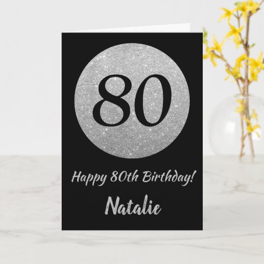 Happy 80th Birthday Black en Silver Glitter Card Kaart (Gele Bloem)