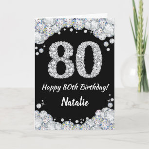 Happy 80th Birthday Black en Silver Glitter Card Kaart