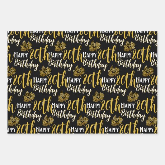 Happy 80th Birthday Black Gold Foliage Photo  Inpakpapier Vel (Voorkant 3)