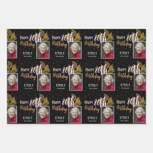 Happy 80th Birthday Black Gold Foliage Photo  Inpakpapier Vel (Voorkant 2)