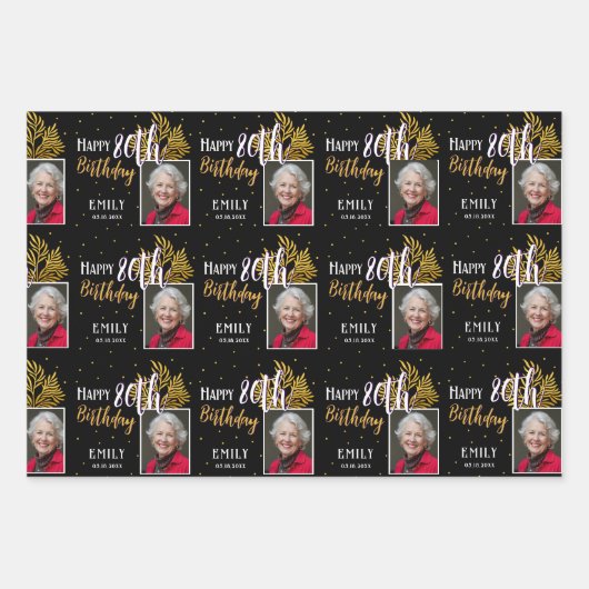 Happy 80th Birthday Black Gold Foliage Photo Inpakpapier Vel (Voorkant)