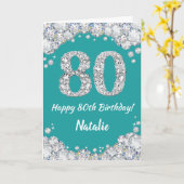 Happy 80th Birthday Blauwgroen en Silver Glitter C Kaart (Gele Bloem)