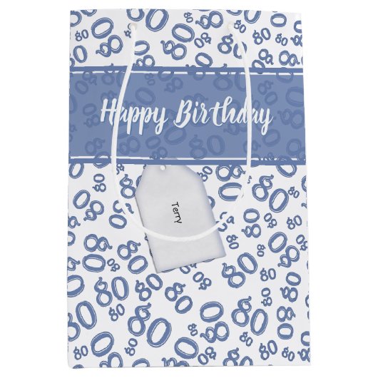 Happy 80th Birthday Blue and White Number Pattern Medium Cadeauzakje (Voorkant)