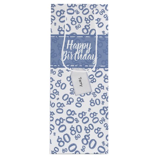 Happy 80th Birthday Blue and White Number Pattern Wijn Cadeautas (Voorkant)