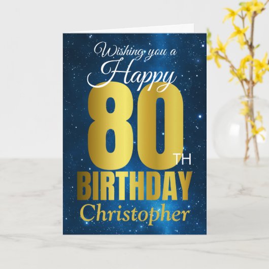 Happy 80th Birthday Blue Gold Kaart (Gele Bloem)