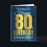 Happy 80th Birthday Blue Gold Kaart<br><div class="desc">Een prachtige blauwe en gouden verjaardagskaart.. Dit ruimtevaartconcept is de perfecte manier om iemand een 'gelukkige 80ste verjaardag' te wensen. Personaliseer u met onze eigen aangepaste naam en boodschap. Goud-witte typografie op een universum achtergrond.</div>