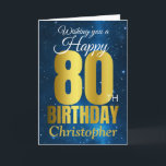 Happy 80th Birthday Blue Gold Kaart<br><div class="desc">Een prachtige blauwe en gouden verjaardagskaart.. Dit ruimtevaartconcept is de perfecte manier om iemand een 'gelukkige 80ste verjaardag' te wensen. Personaliseer u met onze eigen aangepaste naam en boodschap. Goud-witte typografie op een universum achtergrond.</div>