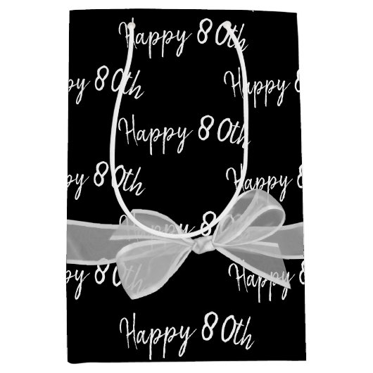 Happy 80th Birthday Bow op Black Medium Gift Bag Medium Cadeauzakje (Voorkant)