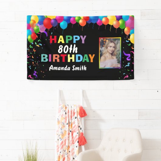 Happy 80th Birthday Colorful Balloons Confetti Spandoek (Insitu)