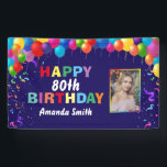 Happy 80th Birthday Colorful Balloons Navy Blue Spandoek<br><div class="desc">Fijne 80ste verjaardag kleurrijke ballonnen Confetti Navy Blue Photo Banner. Voor verdere aanpassing,  te klikken gelieve de knoop "van de Aanpassing het"en ons ontwerphulpmiddel te gebruiken om deze sjabloon te wijzigen.</div>