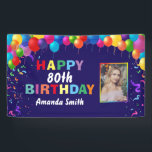 Happy 80th Birthday Colorful Balloons Navy Blue Spandoek<br><div class="desc">Fijne 80ste verjaardag kleurrijke ballonnen Confetti Navy Blue Photo Banner. Voor verdere aanpassing,  te klikken gelieve de knoop "van de Aanpassing het"en ons ontwerphulpmiddel te gebruiken om deze sjabloon te wijzigen.</div>