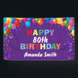 Happy 80th Birthday Colorful Balloons Paars Spandoek<br><div class="desc">Fijne 80ste verjaardag kleurrijke ballonnen Confetti Paarse banner. Voor verdere aanpassing,  te klikken gelieve de knoop "van de Aanpassing het"en ons ontwerphulpmiddel te gebruiken om deze sjabloon te wijzigen.</div>