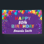 Happy 80th Birthday Colorful Balloons Paars Spandoek<br><div class="desc">Fijne 80ste verjaardag kleurrijke ballonnen Confetti Paarse banner. Voor verdere aanpassing,  te klikken gelieve de knoop "van de Aanpassing het"en ons ontwerphulpmiddel te gebruiken om deze sjabloon te wijzigen.</div>