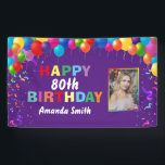 Happy 80th Birthday Colorful Balloons Paars Spandoek<br><div class="desc">Fijne 80ste verjaardag kleurrijke ballonnen Confetti Paarse fotobanner. Voor verdere aanpassing,  te klikken gelieve de knoop "van de Aanpassing het"en ons ontwerphulpmiddel te gebruiken om deze sjabloon te wijzigen.</div>