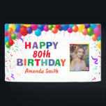 Happy 80th Birthday Colorful Balloons White Spandoek<br><div class="desc">Fijne 80ste verjaardag Colorful Balloons Confetti White Photo Banner. Voor verdere aanpassing,  te klikken gelieve de knoop "van de Aanpassing het"en ons ontwerphulpmiddel te gebruiken om deze sjabloon te wijzigen.</div>