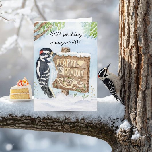 Happy 80th Birthday Downy Woodpecker Kaart