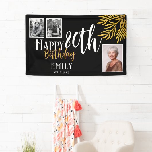 Happy 80th Birthday Gold Foliage 3 Foto Achtergron Spandoek (Insitu)