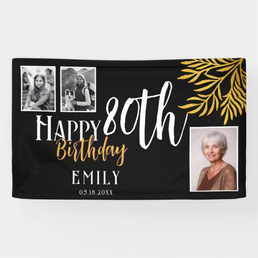 Happy 80th Birthday Gold Foliage 3 Foto Achtergron Spandoek (Horizontaal)
