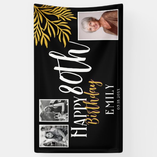 Happy 80th Birthday Gold Foliage 3 Foto Achtergron Spandoek (Verticaal)
