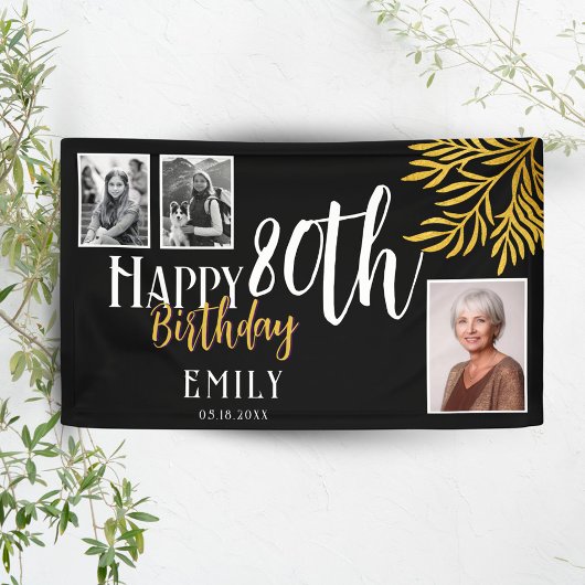 Happy 80th Birthday Gold Foliage 3 Foto Achtergron Spandoek