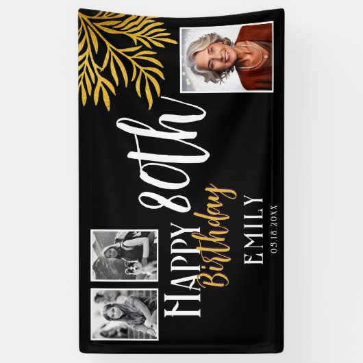 Happy 80th Birthday Gold Foliage 3 Photo Backdrop Spandoek (Verticaal)
