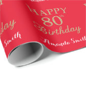 Happy 80th Birthday Gold Glitter en Red Cadeaupapier (Rol Hoek)
