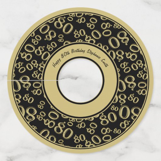 Happy 80th Birthday Goud en Zwart Nummer Thema Wijnglaslabel (Voorkant)