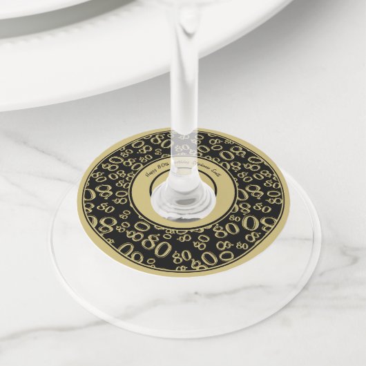 Happy 80th Birthday Goud en Zwart Nummer Thema Wijnglaslabel (Dichtbij)