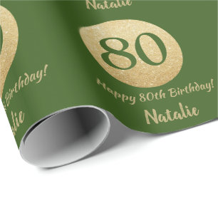 Happy 80th Birthday Green en Gold Glitter Cadeaupapier