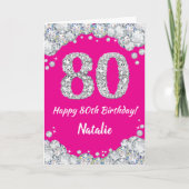 Happy 80th Birthday Hot Pink en Silver Glitter Kaart (Voorkant)