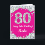 Happy 80th Birthday Hot Pink en Silver Glitter Kaart<br><div class="desc">Fijne 80e verjaardag Hot Pink en Silver Glitter Card met persoonlijke naam. Voor verdere aanpassing,  te klikken gelieve de knoop "van de Aanpassing het"en ons ontwerphulpmiddel te gebruiken om deze sjabloon te wijzigen.</div>