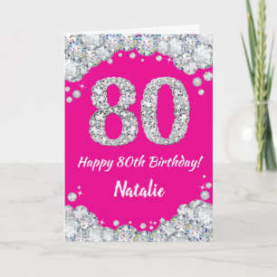 Happy 80th Birthday Hot Pink en Silver Glitter Kaart