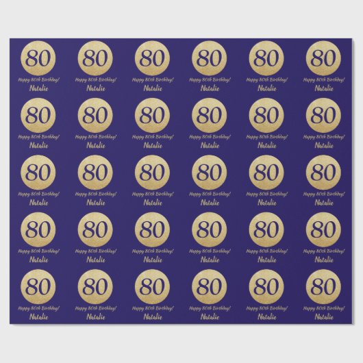 Happy 80th Birthday Navy Blue en Gold Glitter Cadeaupapier (Vlak)