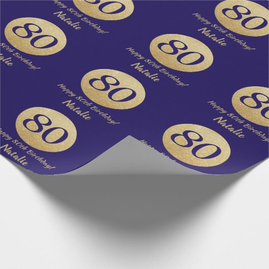 Happy 80th Birthday Navy Blue en Gold Glitter Cadeaupapier (Hoek)