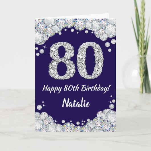 Happy 80th Birthday Navy Blue en Silver Glitter Kaart (Voorkant)