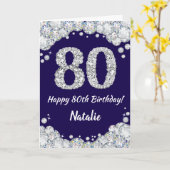 Happy 80th Birthday Navy Blue en Silver Glitter Kaart (Gele Bloem)