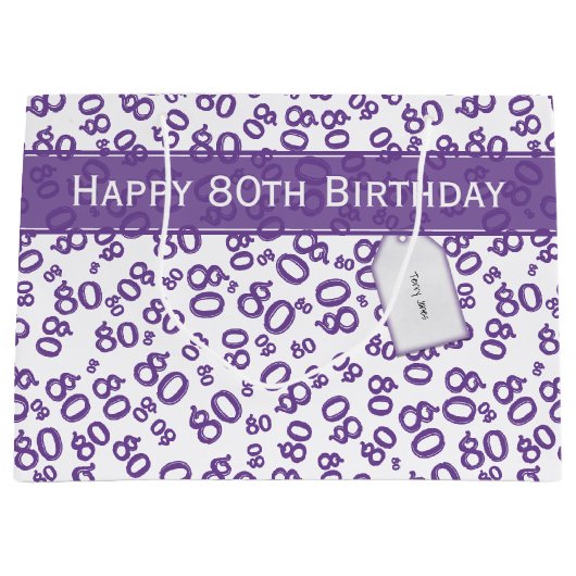 Happy 80th Birthday Number Pattern Paars/White Groot Cadeauzakje (Voorkant)