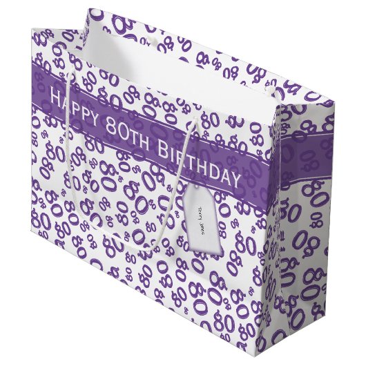 Happy 80th Birthday Number Pattern Paars/White Groot Cadeauzakje (Voorkant Gekanteld)