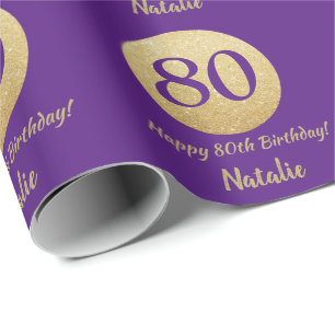 Happy 80th Birthday Paars en Gold Glitter Cadeaupapier