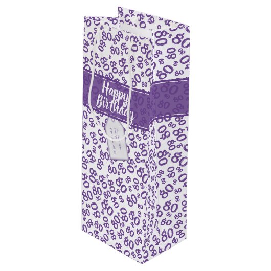 Happy 80th Birthday Paars/White Number Pattern Wijn Cadeautas (Voorkant Gekanteld)