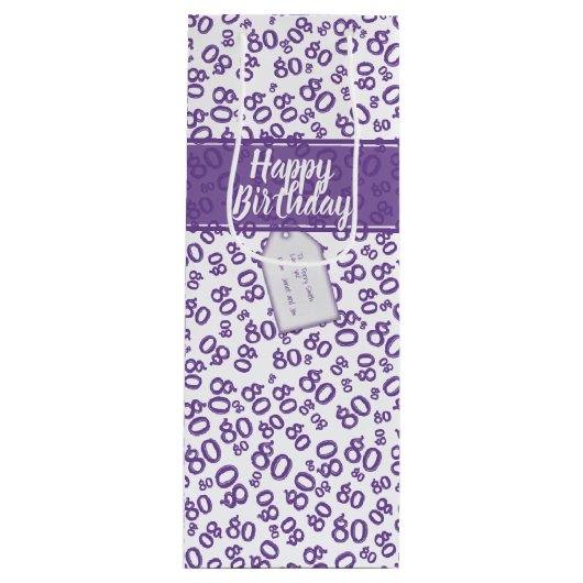 Happy 80th Birthday Paars/White Number Pattern Wijn Cadeautas (Voorkant)